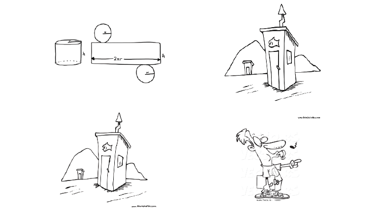 My drawing of a diagram of a cylinder, an illustration of an outhouse, my drawing of the outhouse, a cartoon of a man pointing and whistling with a silly expression