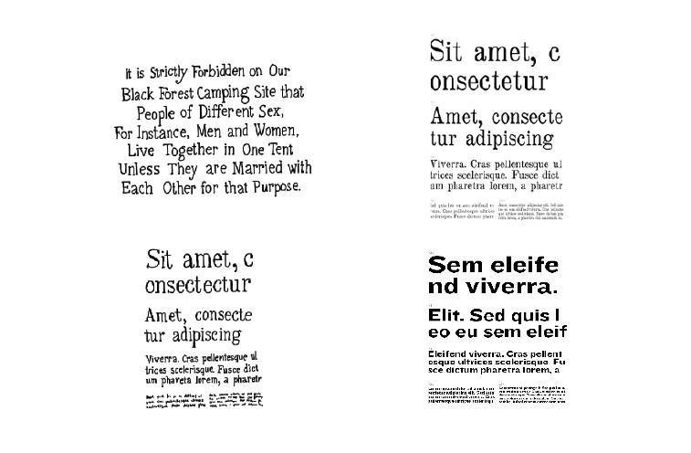My drawing of the text block, blocks of Latin placeholder text at different sizes showcasing a serif font, my drawing of that font, more Latin placeholder text in a different, more modern font