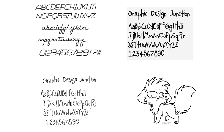 My drawing of the fifties era script font, an informal classroom-like font, my drawing of that font, a cartoon of a cat with large eyes and a bushy tail