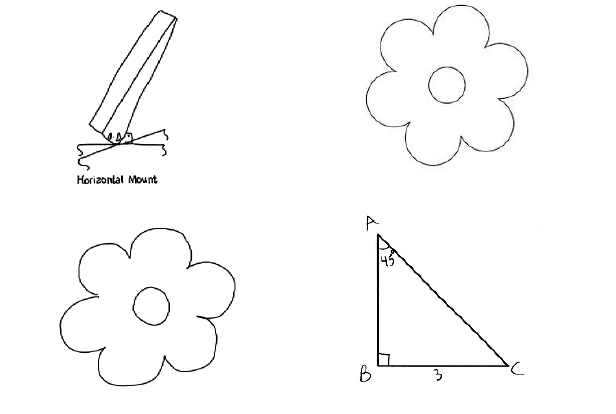 My drawing of a horizontal mount, including the label, a simplified flower, ym drawing of a simplified flower, a triangle with angles labeled