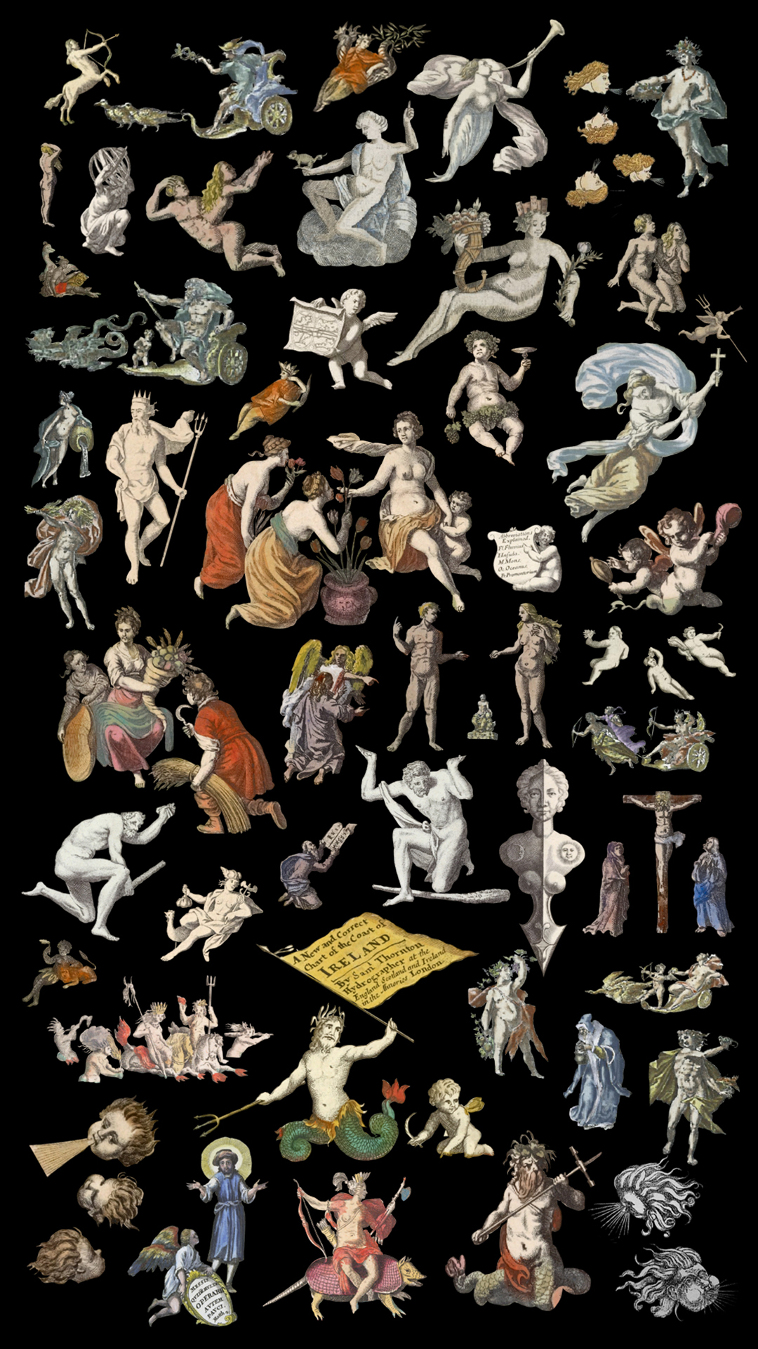 A collage of cutouts against a black backdrop, showing mythic figures like Greek gods and goddesses, figures symbolic of the four elements, angels, and merpeople