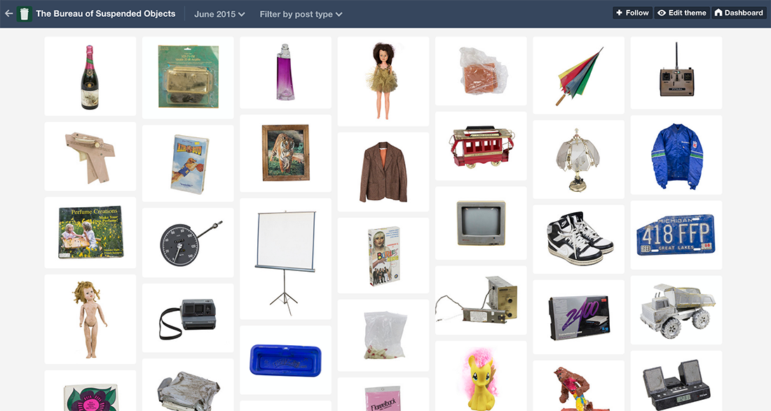 Screen shot of the Bureau of Suspended Objects' online archive, showing a grid of objects