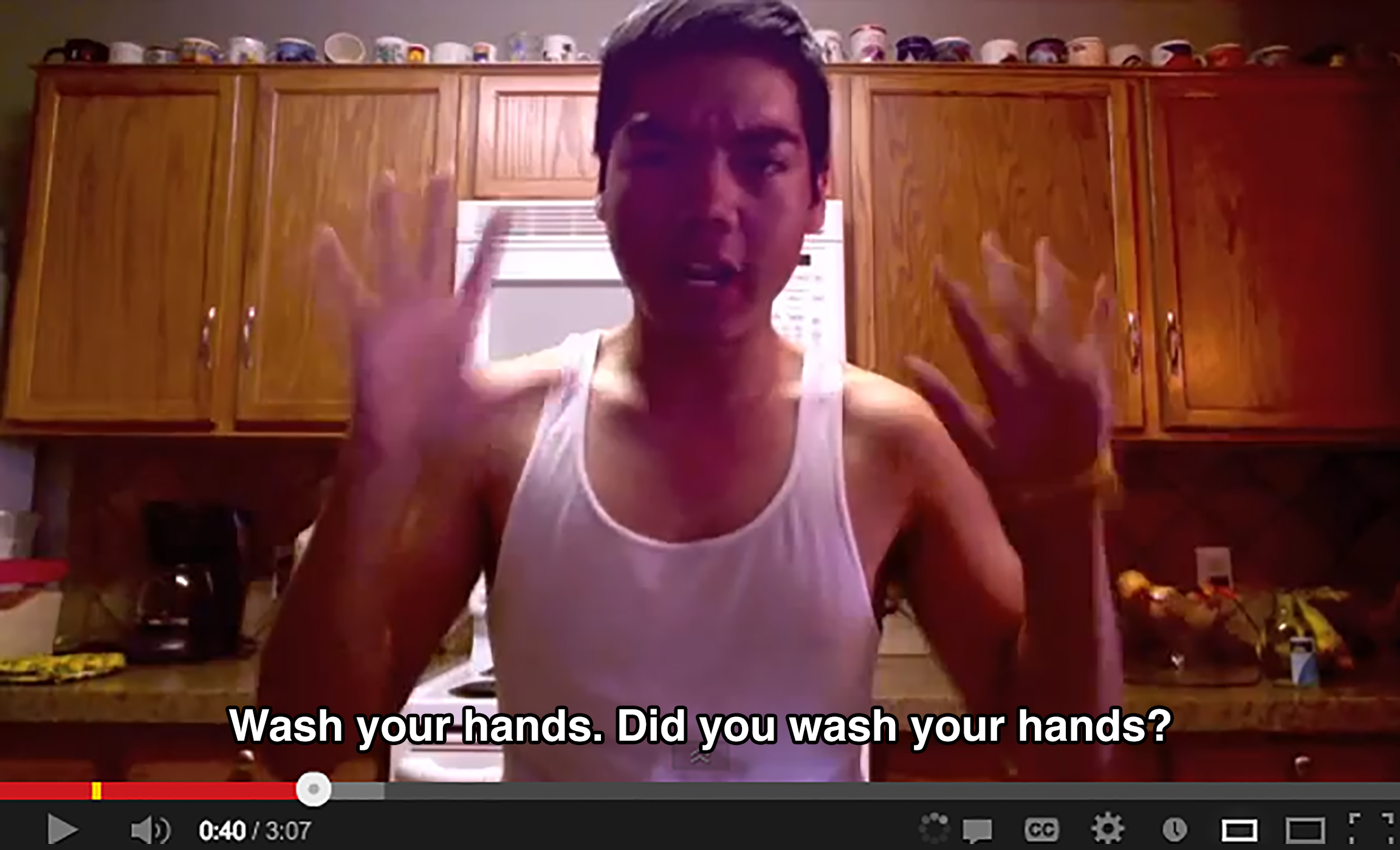 A teenager in a kitchen holds his palms up to the camera and says: Wash your hands. Did you wash your hands?