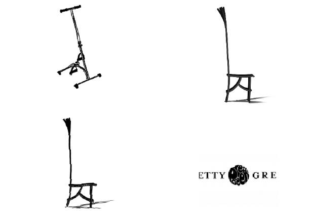 My drawing of a pedaling device, something that looks like a very abstract high-backed chair viewed from the side, my drawing of that chair, a logo whose sides have been cut off so it only reads ETTY GRE