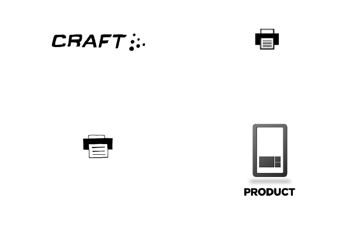 My drawing of the Craft logo, a printer icon, my drawing of a printer icon, a tablet-shaped icon with text below saying: PRODUCT