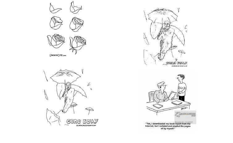 My drawing of a the cartoon of the three women, instructions for drawing a rose, my drawing of those instructions, an outline-only image of Gene Kelly from Singing in the Rain