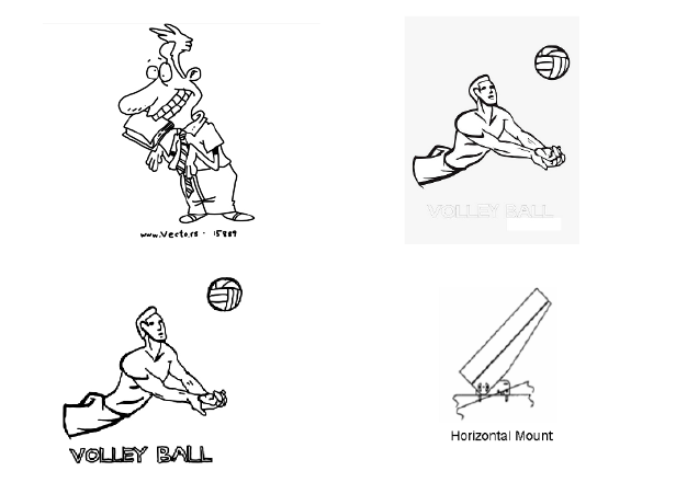 My drawing of a cartoon of a man with a book in his teeth and a silly expression, clipart of a person playing volleyball, my drawing of a person playing volleyball, a camera tripod part labeled: Horizontal Mount.