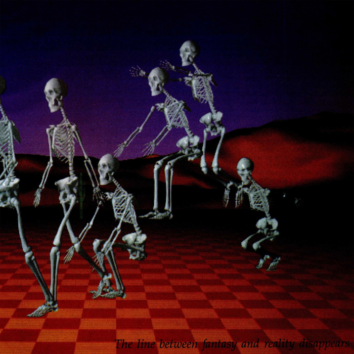 Against a dark red and purple CGI background with a checkerboard floor, multiple frames of a crude 3D skeleton crouching and jumping to the left