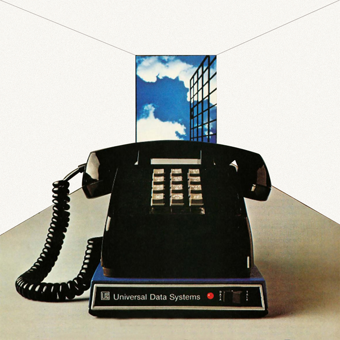 A Universal Data Systems telephone in a featureless setting with a door opening onto the sky
