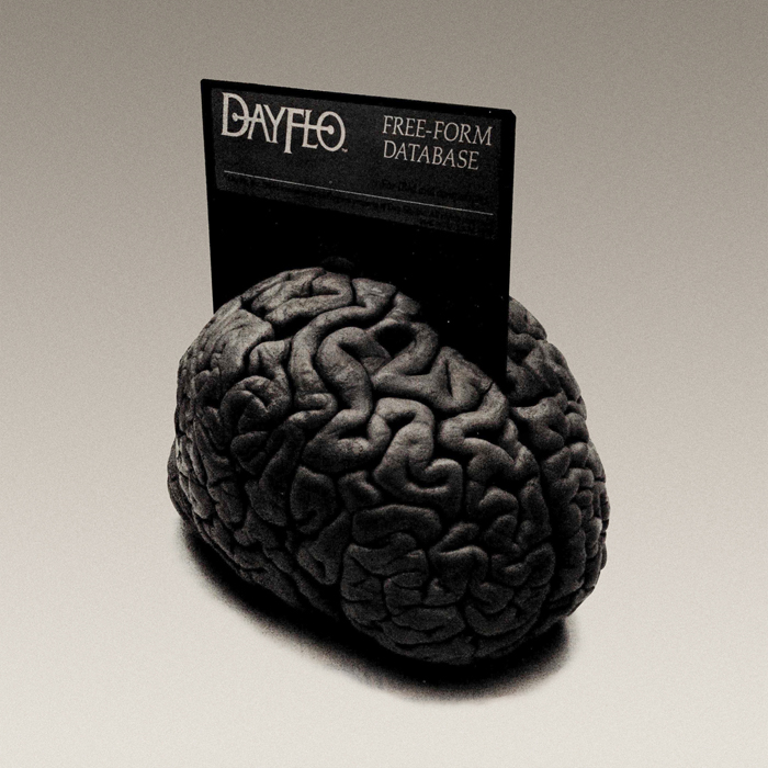 A floppy disk that says Dayflo Free-Form Database, embedded in the middle of a brain