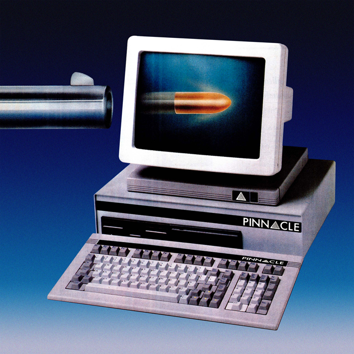 A gun shooting a bullet from the left, but the bullet appears on the screen of a computer to the right