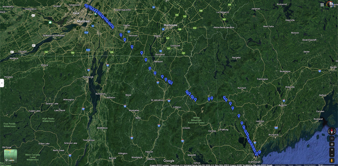 Screenshot of Google Earth with map markers indicating locations of the Montreal-Portland pipeline