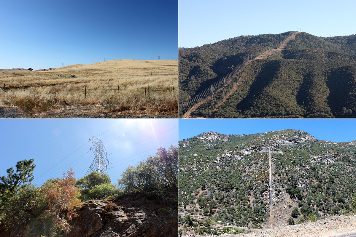 composite showing transmission towers in different settings, like grass hills, steep mountains, and rocky cliffs