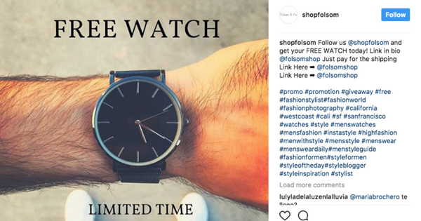 Screenshot of an ad for a supposedly free watch on Instagram