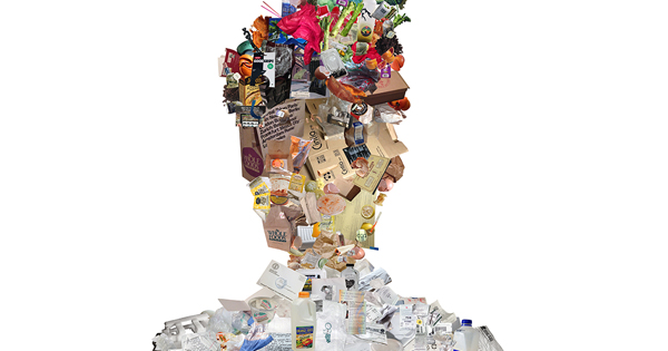 A collage of garbage shaped like a portrait of me, against a white backdrop