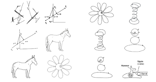 Line drawings of various things like line graphs, flowers, and horses, some more skillful than others