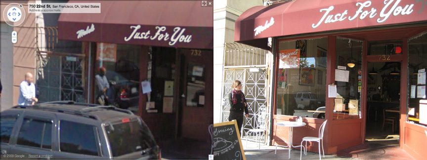 Jenny Odell reenacting a person walking past the a restaurant called Just for You, their reflection visible in the window