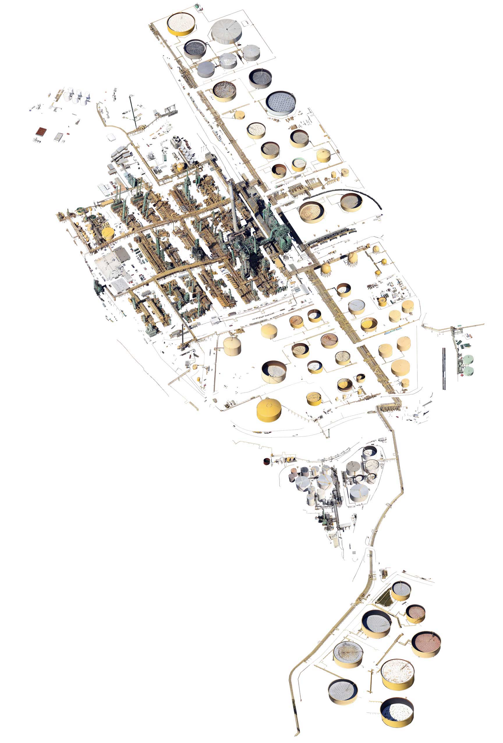 Isolated satellite imagery of an oil refinery including oil drums, towers, and pipelines
