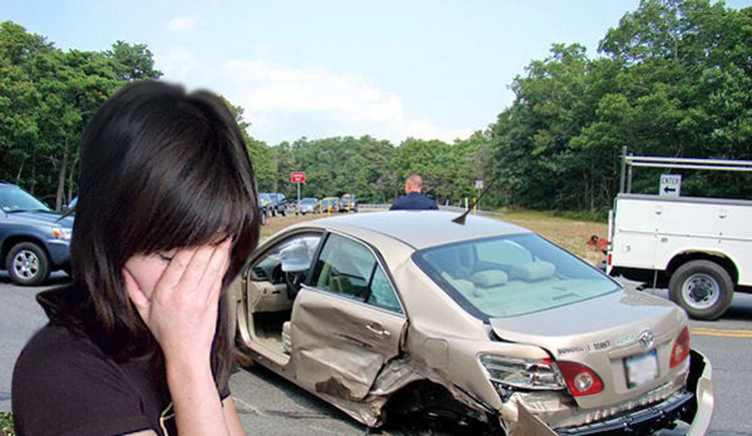 Jenny Odell with her face in her hand photoshopped into a photo of a crashed car that is the same model as her car in the other photos