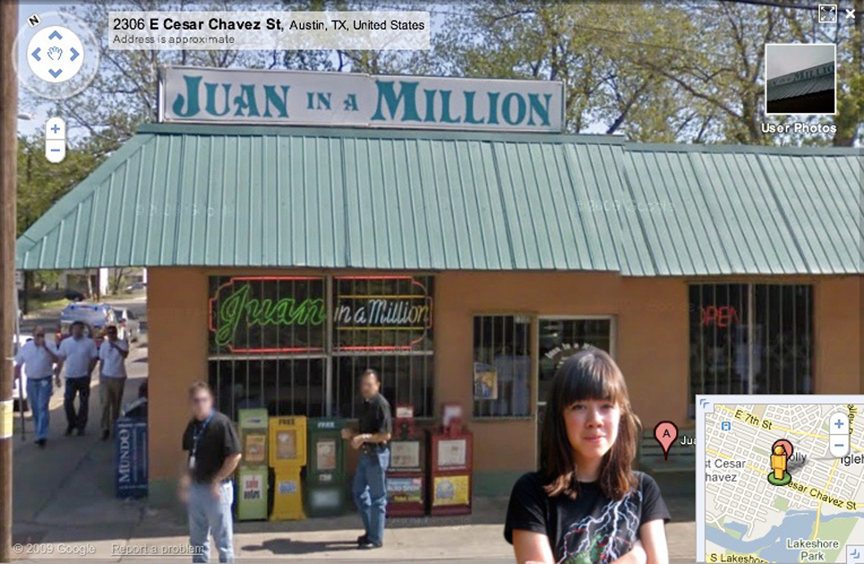 Jenny Odell with her arms crossed photoshopped in front of Street View of a restaurant called Juan in a Million