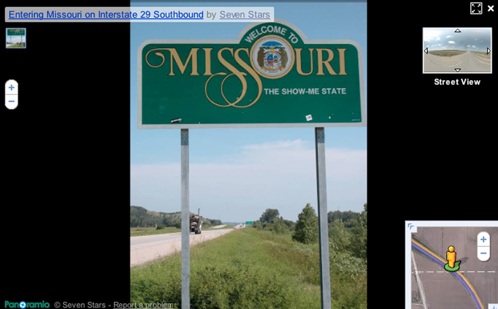 Screeshot of Google Maps showing a user-contributed photo of a sign welcoming someone to Missouri