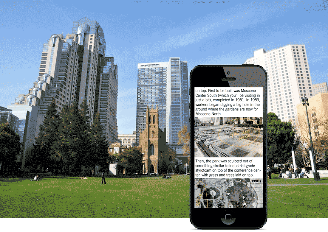 animation showing the walking tour being scrholled through on an iPhone, with Yerba Buena Gardens in the background