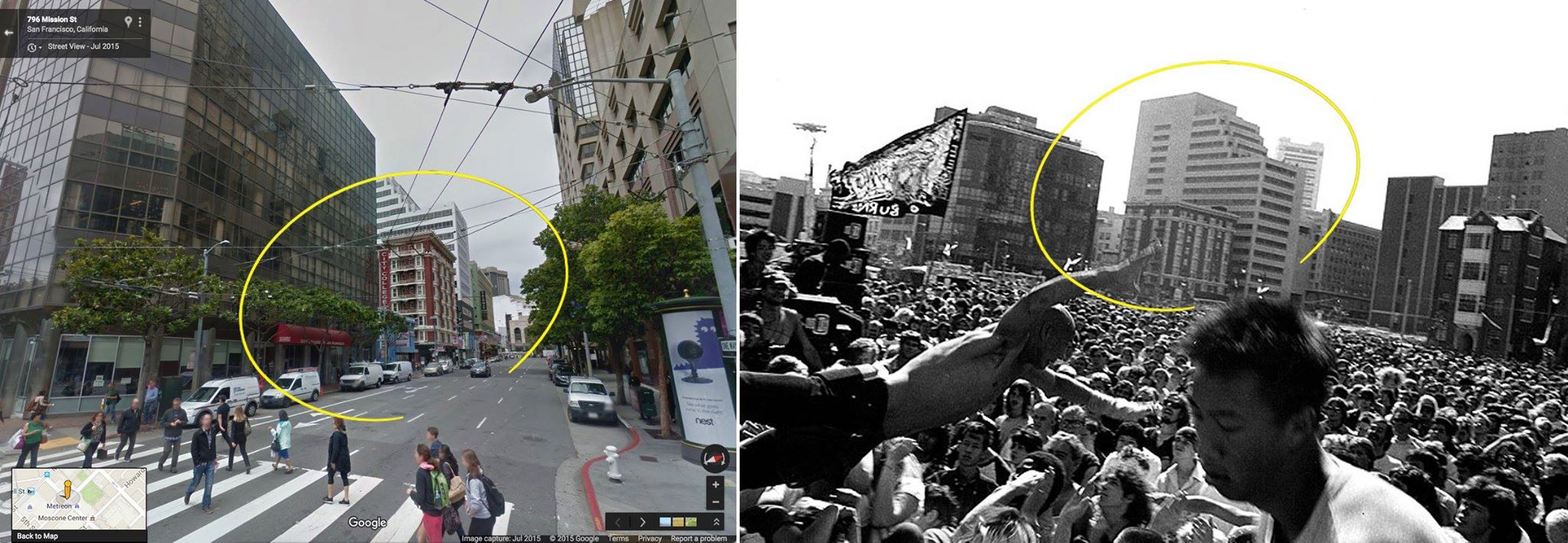 two photos of SOMA side by side, one from recent Google Streetview and the other from the 1980s showing a crowded outdoor concert with a guy crowdsurfing. In each photo, the same historic building has been circled in the background